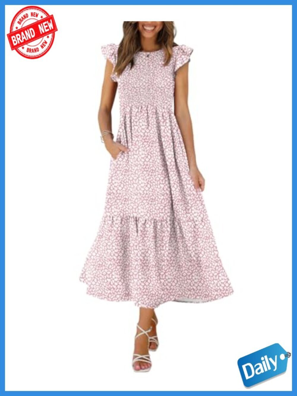 Casual Maxi Dress with Pockets Ruffle Sleeve Smocked A-Line